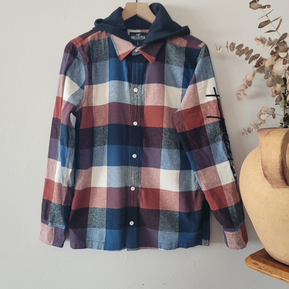 Hollister Hooded Flannel Shacket Sz S Cotton Socal Grunge Coastal